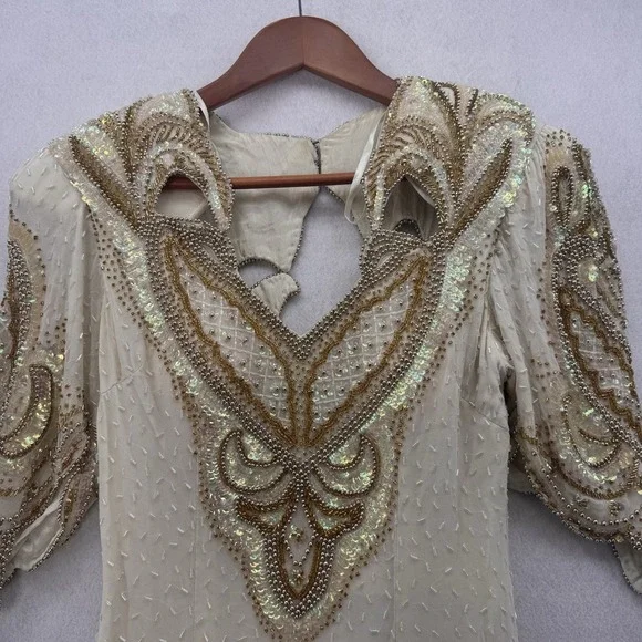 Vintage 1980s Silk Beaded Art Deco Maxi Gown Formal Evening Dress Size M - Picture 3 of 11